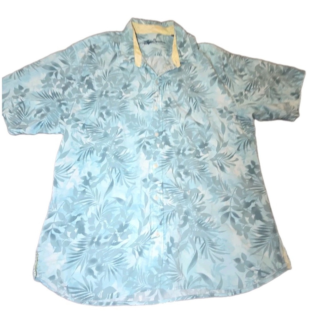 Reyn Spooner Shirt Mens XL Blue Cotton Tencel Tropical Leaf Casual Button Down